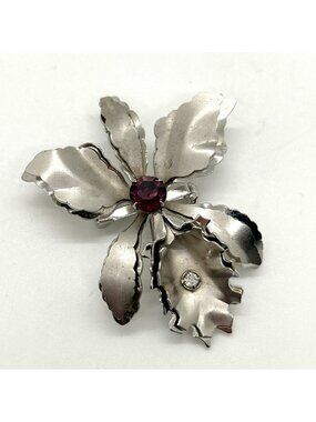 Orchid Flower Pin Purple Amethyst Rhinestone Silver Tone Textured Ruffled Vintag
